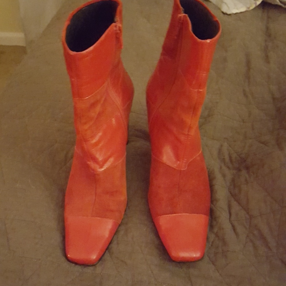 Fun funky red suede and leather boots,  side zip